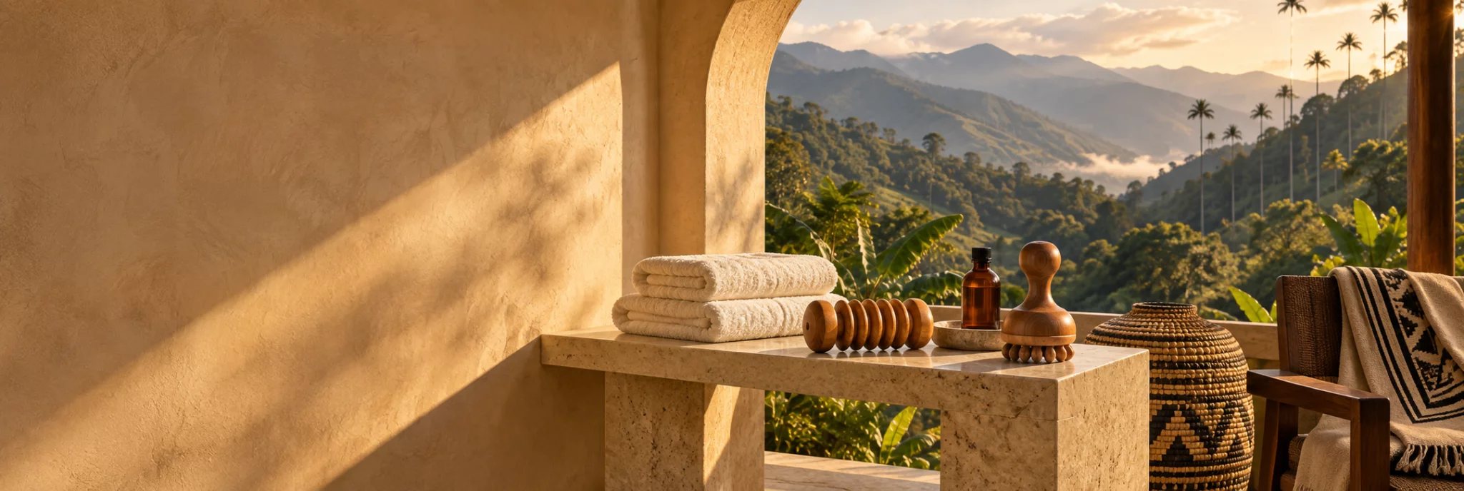 Instruments de madérothérapie en bois sur une console en pierre, face aux montagnes de Colombie